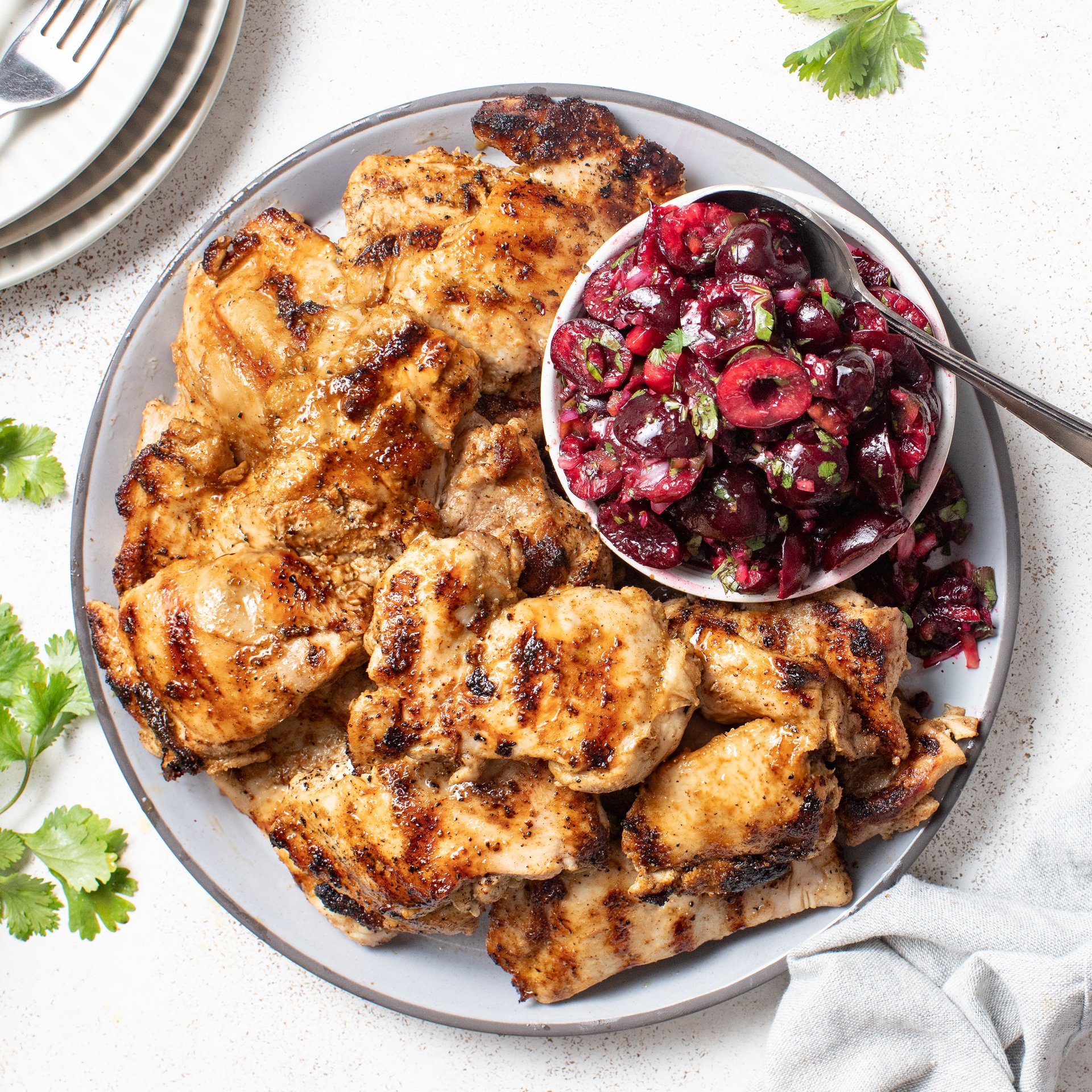 Grilled Cumin Spiced Chicken Thighs with Fresh Cherry-Cilantro Salsa