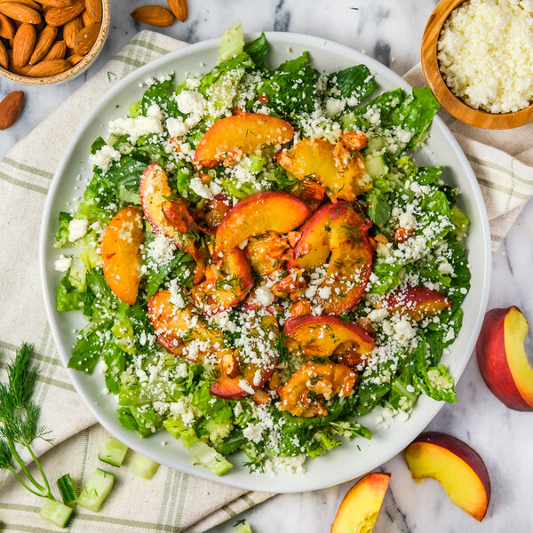 Couscous-Romaine Salad with Warm Peaches, Almonds, Feta & Dill